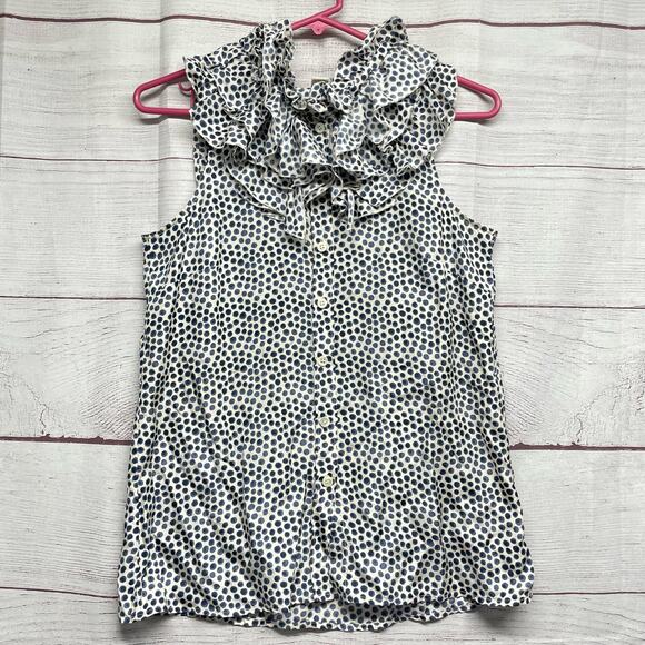 J. Crew Tops - J. Crew 100% Silk Grey White Heart Ruffle Neck Sleeveless Tunic Blouse Size 4